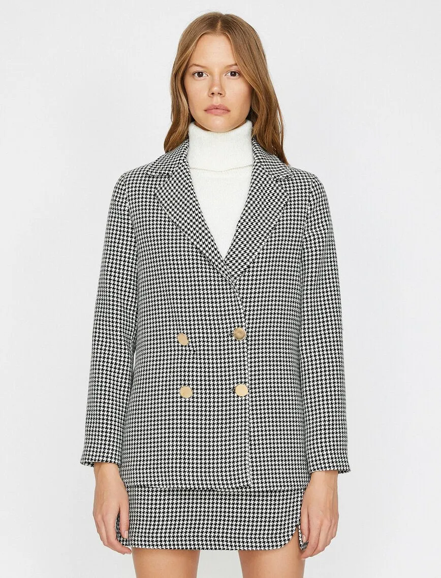 14920 Black-Ecru Gold Button Plaid Jacket