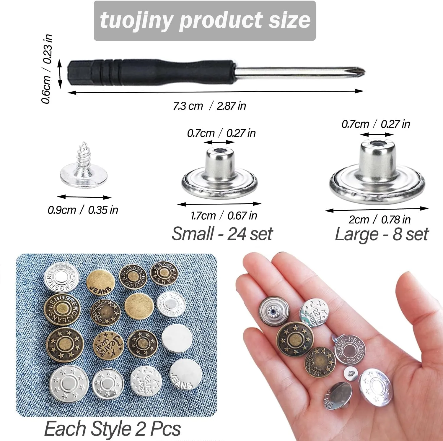 32 Sets Jeans Buttons Replacement, 17 Mm and 20 Mm No-Sew Removable Metal Buttons Replacement Repair Combo Thread Rivets and Screwdrivers in Storage Box, Women and Men'S Jeans Clothing Supplies