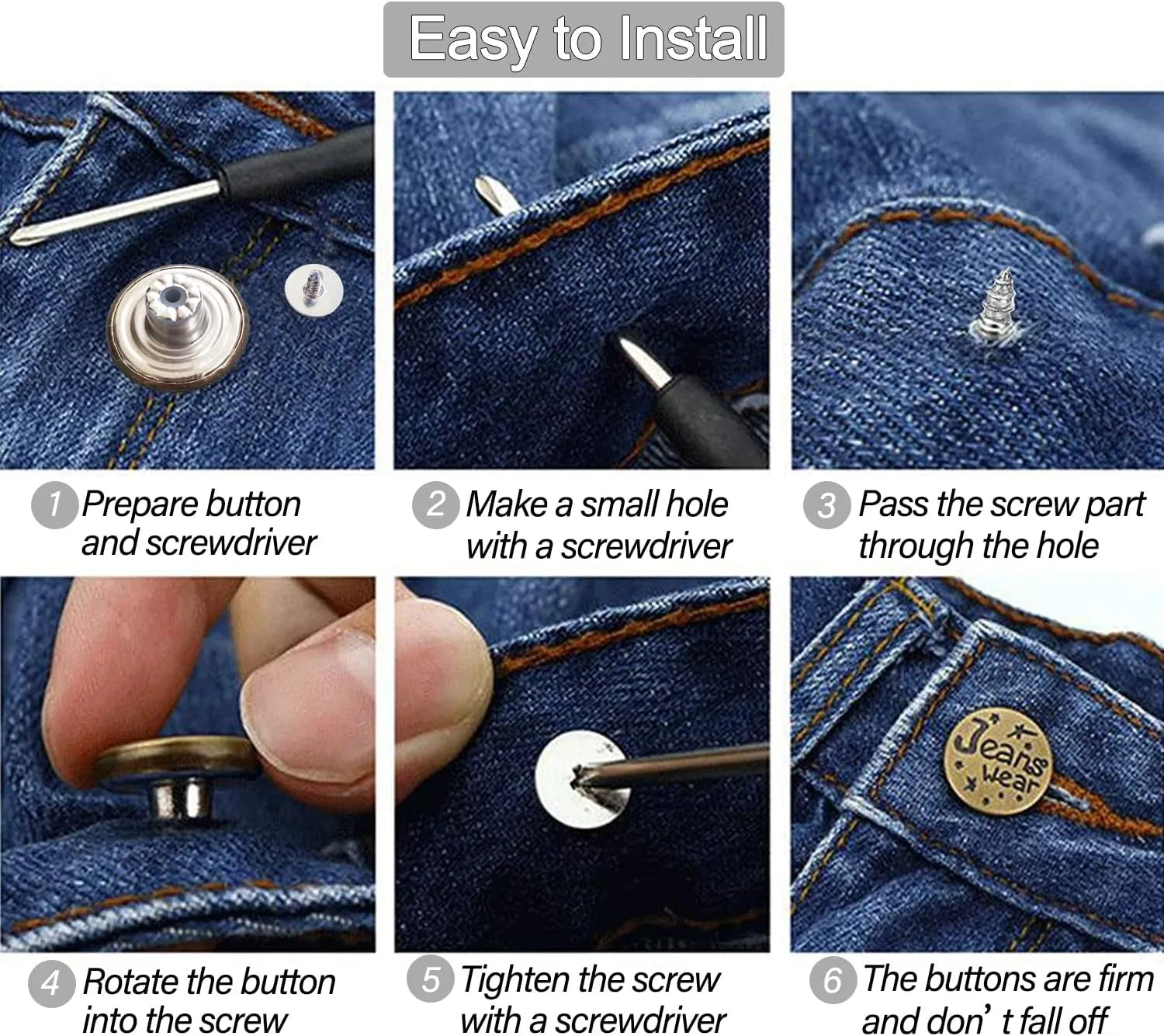 32 Sets Jeans Buttons Replacement, 17 Mm and 20 Mm No-Sew Removable Metal Buttons Replacement Repair Combo Thread Rivets and Screwdrivers in Storage Box, Women and Men'S Jeans Clothing Supplies