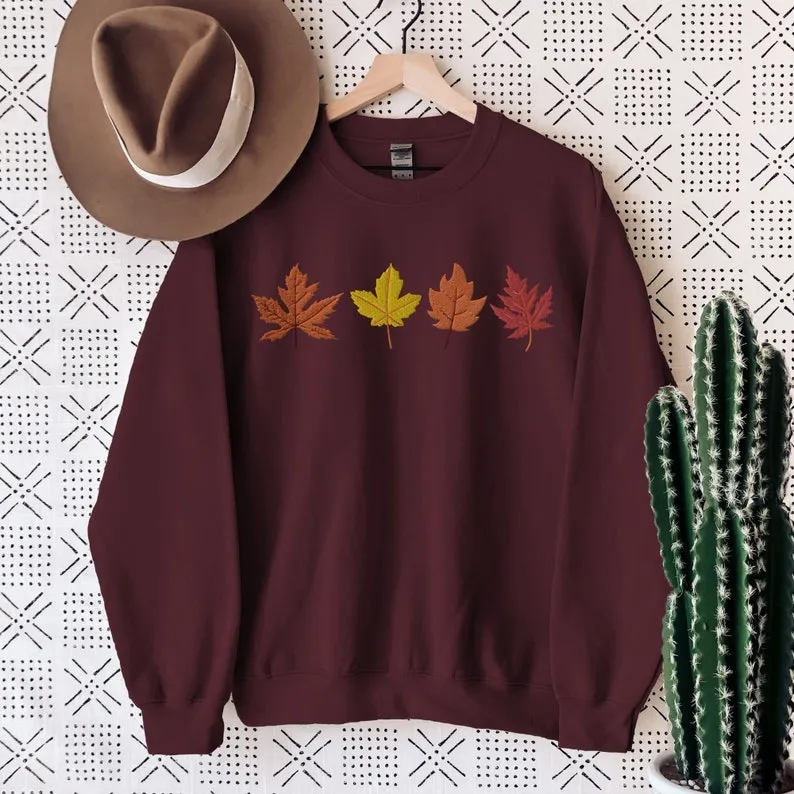 Autumn Leaves Embroidered Sweatshirt, Fall Crewneck Sweater, Thanksgiving Pullover, Fall Season Jumper, Fall Breeze, Autumn Sweater Gift