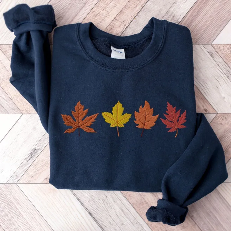 Autumn Leaves Embroidered Sweatshirt, Fall Crewneck Sweater, Thanksgiving Pullover, Fall Season Jumper, Fall Breeze, Autumn Sweater Gift