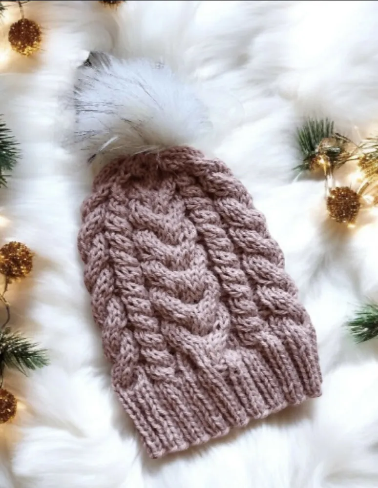 Cable Hand Knit Slouchy Beanie in beige pink with white fur pompom