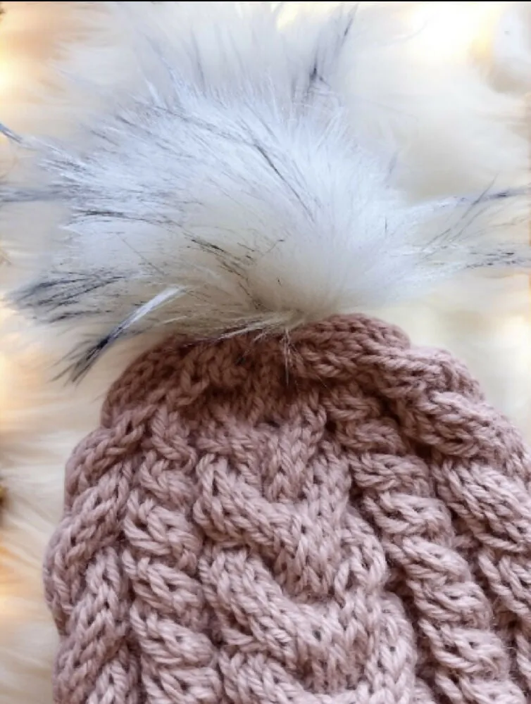 Cable Hand Knit Slouchy Beanie in beige pink with white fur pompom
