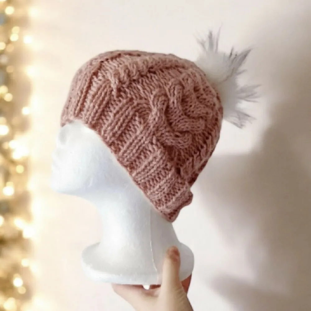 Cable Hand Knit Slouchy Beanie in beige pink with white fur pompom