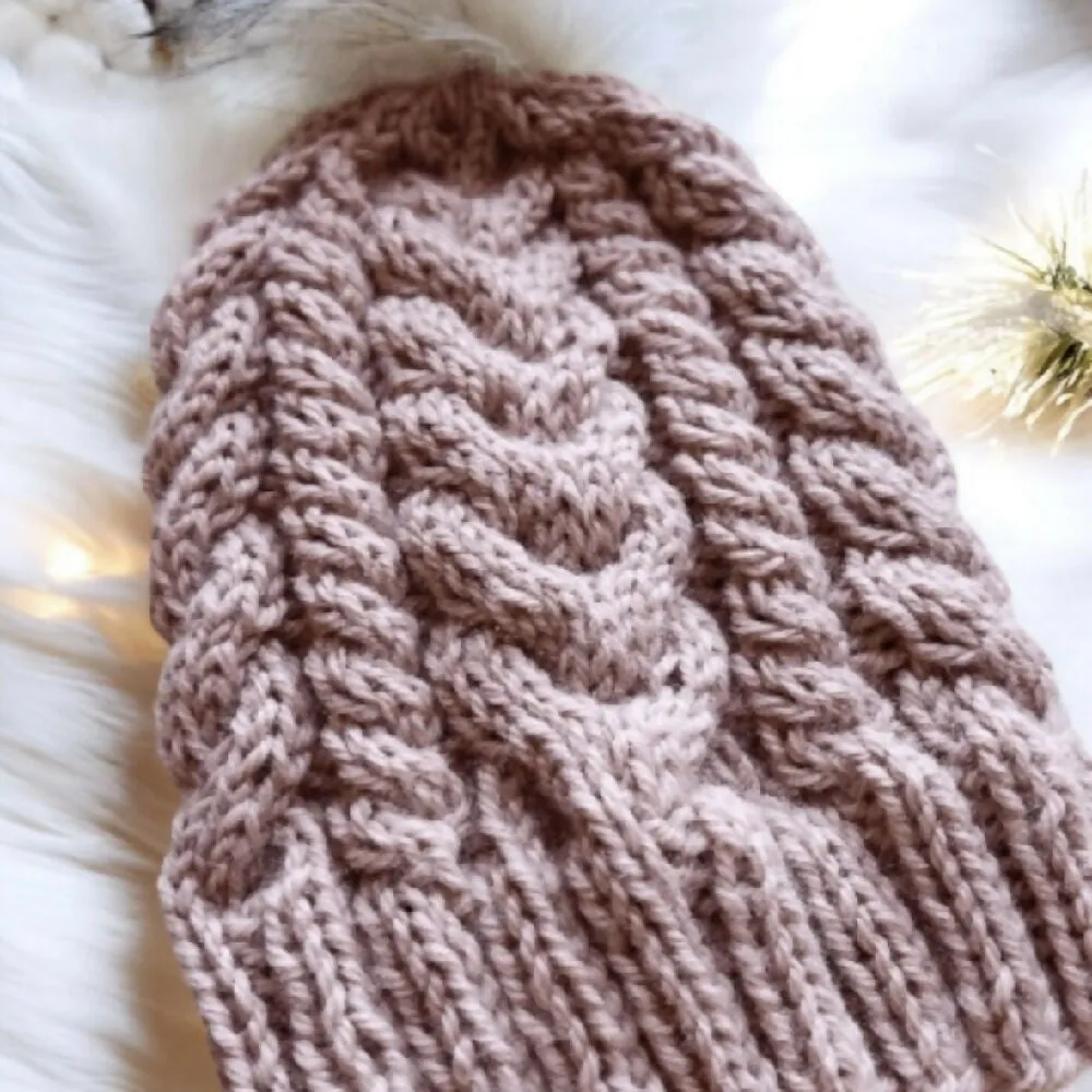Cable Hand Knit Slouchy Beanie in beige pink with white fur pompom
