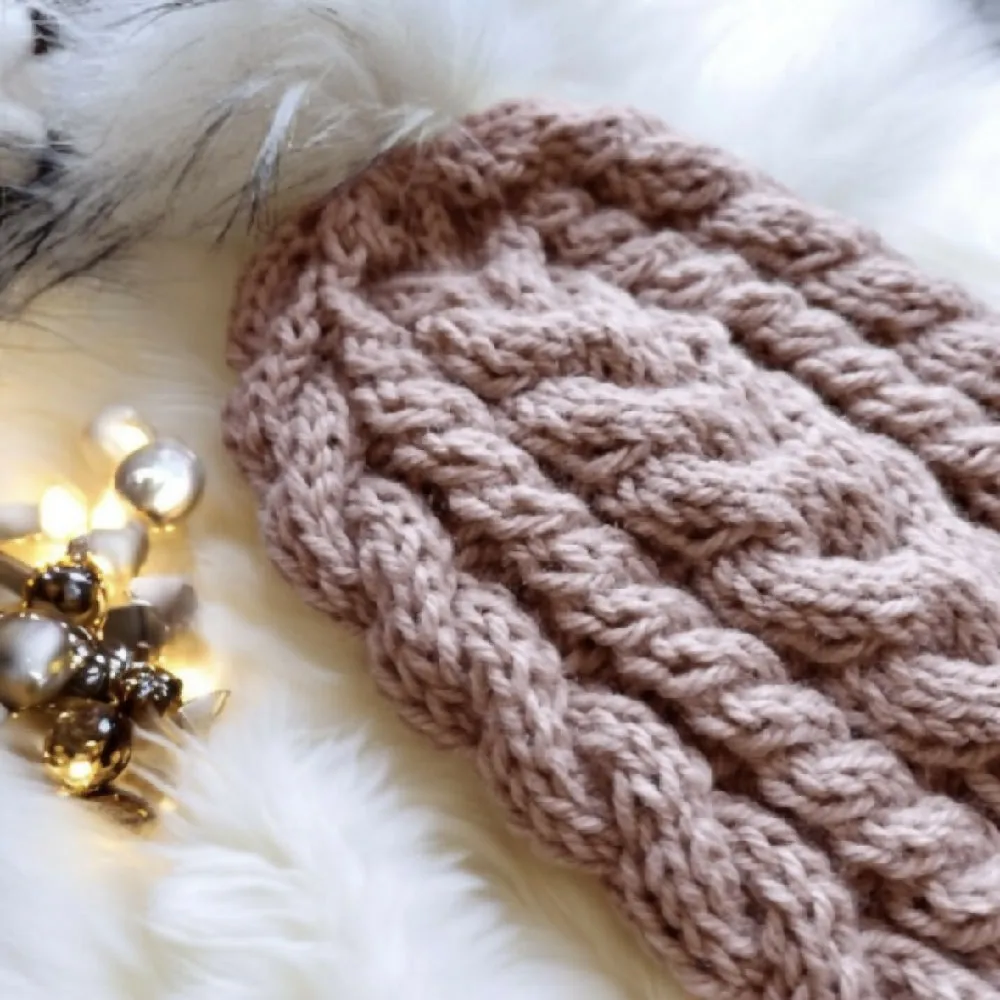 Cable Hand Knit Slouchy Beanie in beige pink with white fur pompom