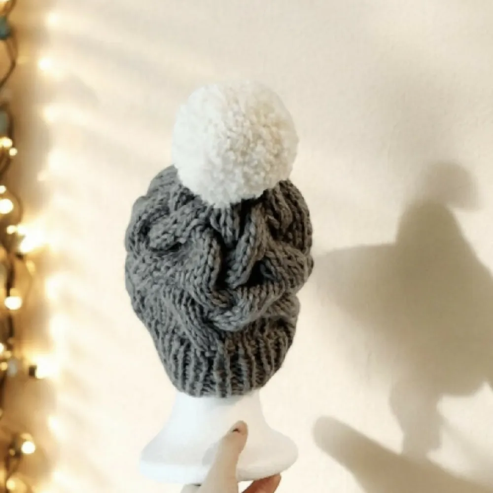 Cable Hand Knit Slouchy Beanie in Dark grey with pompom