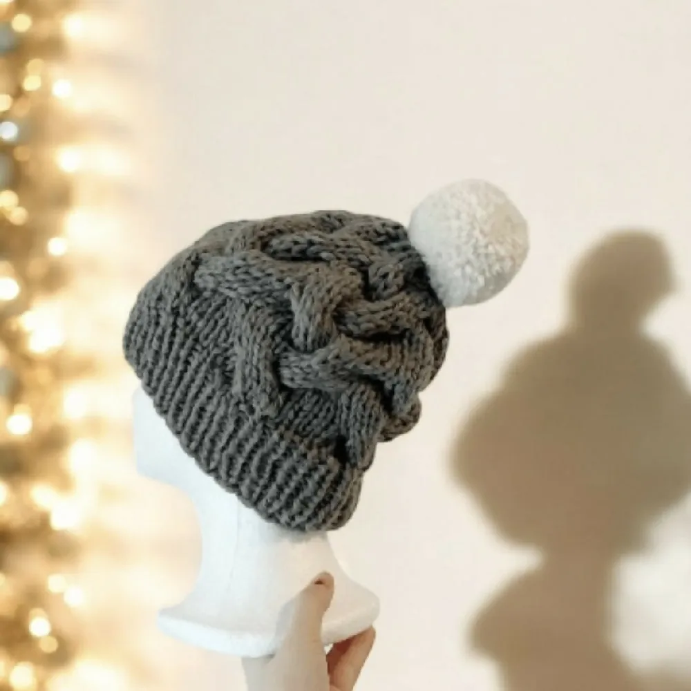 Cable Hand Knit Slouchy Beanie in Dark grey with pompom