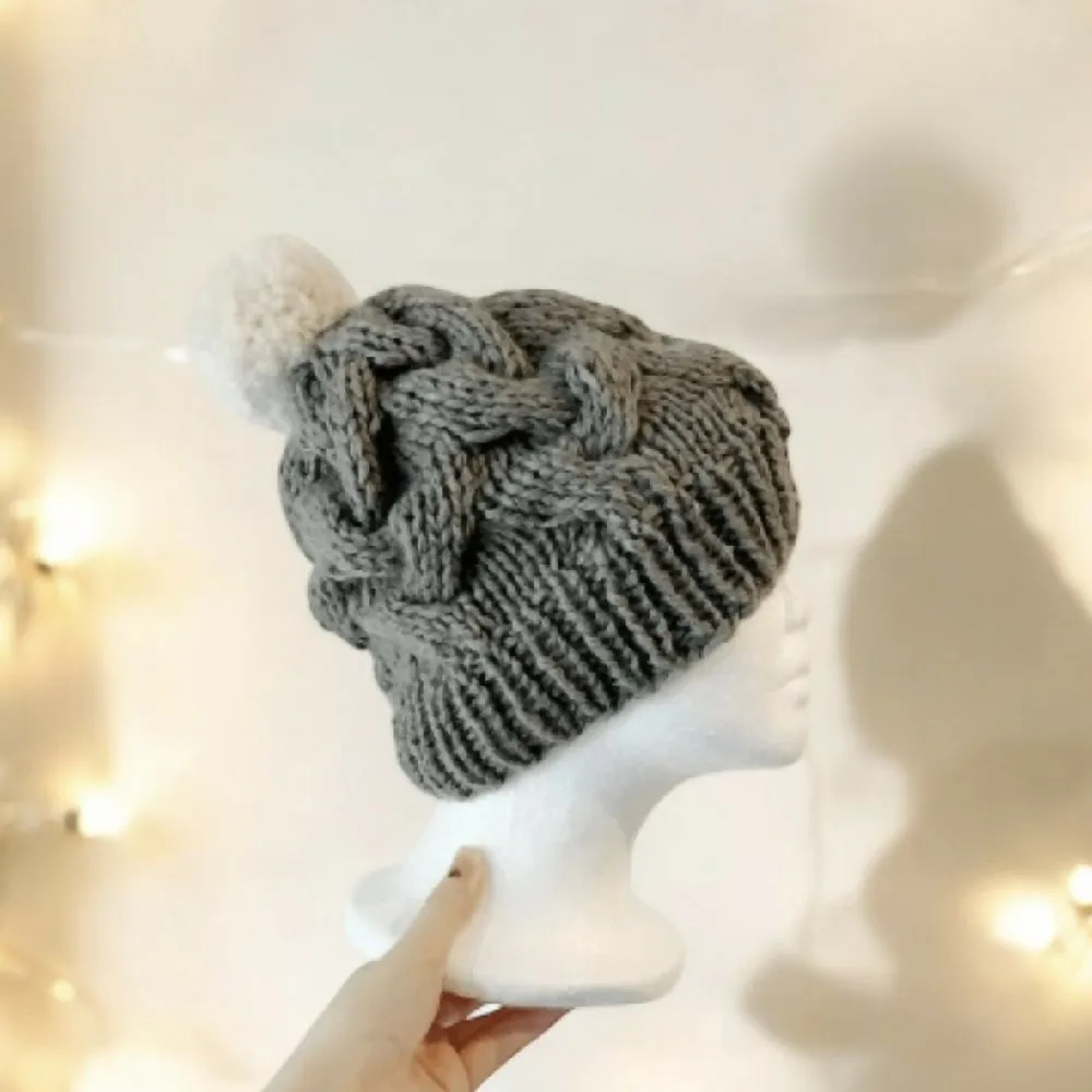 Cable Hand Knit Slouchy Beanie in Dark grey with pompom