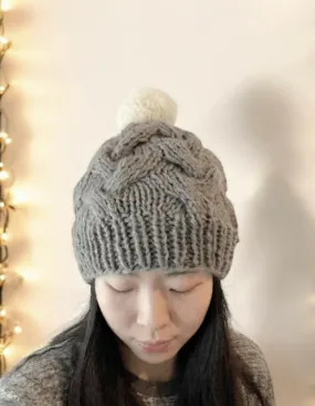Cable Hand Knit Slouchy Beanie in Dark grey with pompom