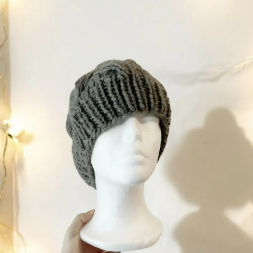 Cable Hand Knit Slouchy Beanie in Dark grey with pompom