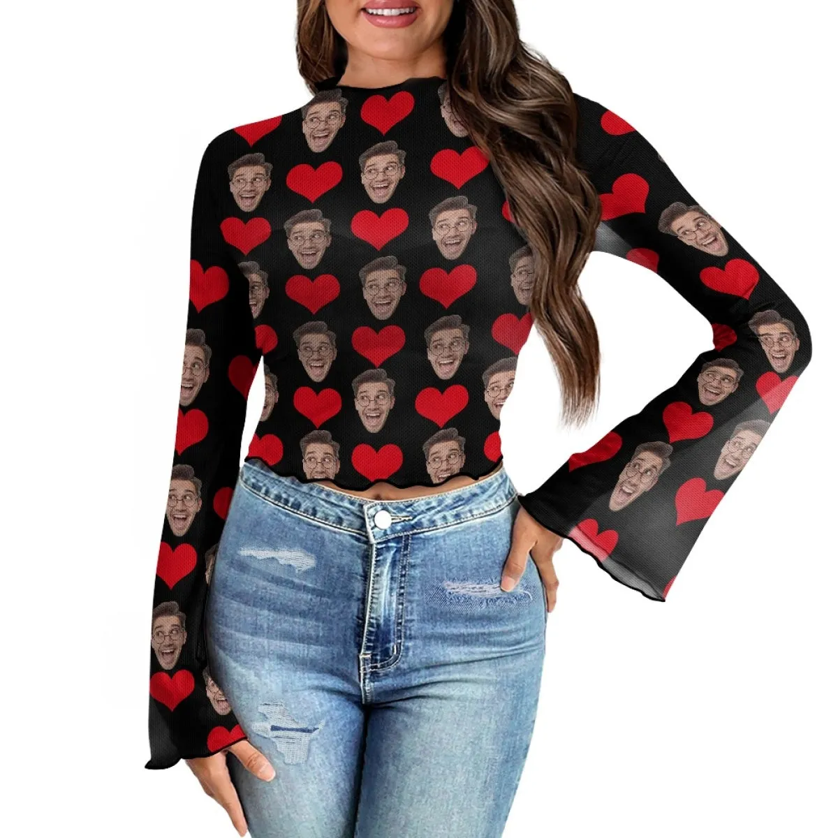 Custom Face Love Heart Women's Bell Sleeve Top - Black