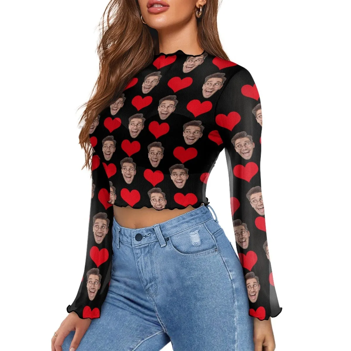 Custom Face Love Heart Women's Bell Sleeve Top - Black