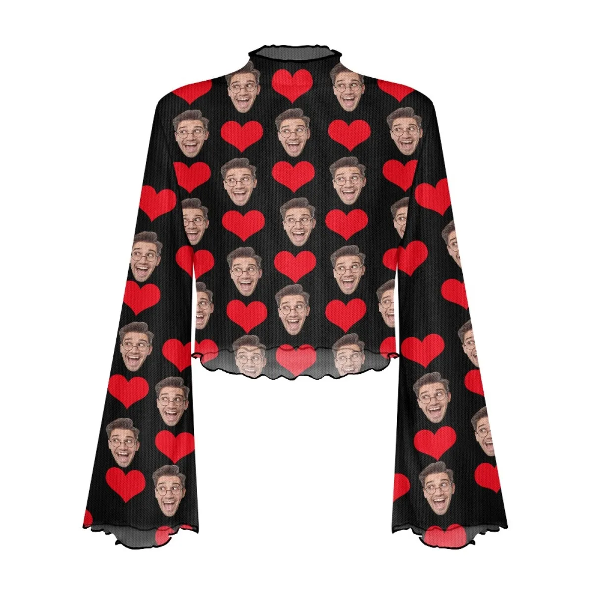 Custom Face Love Heart Women's Bell Sleeve Top - Black