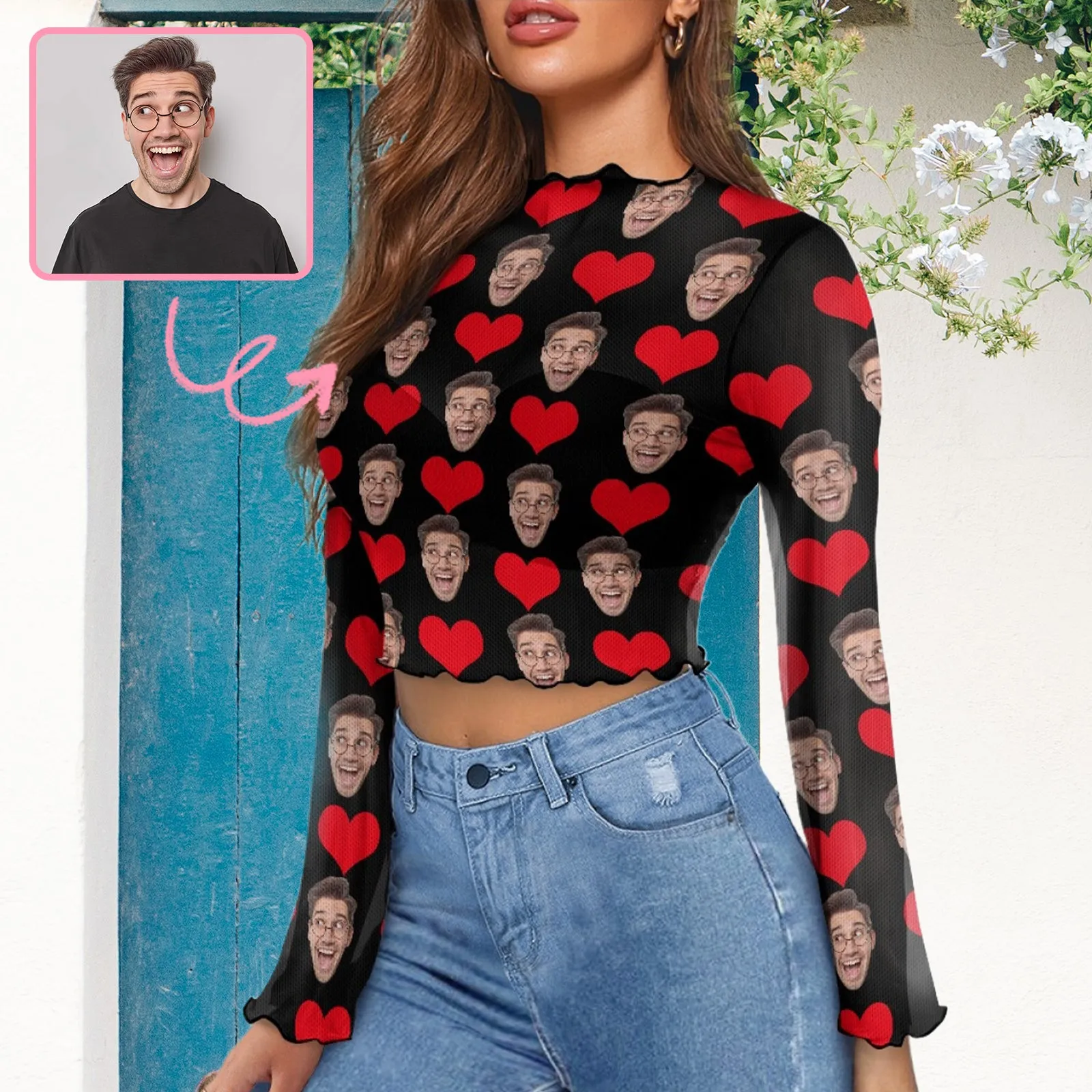 Custom Face Love Heart Women's Bell Sleeve Top - Black