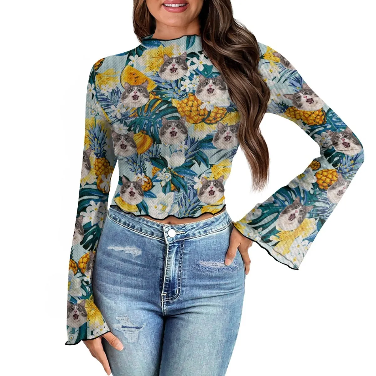 Custom Face Pineapple & Flowers Women's Bell Sleeve Top - Green