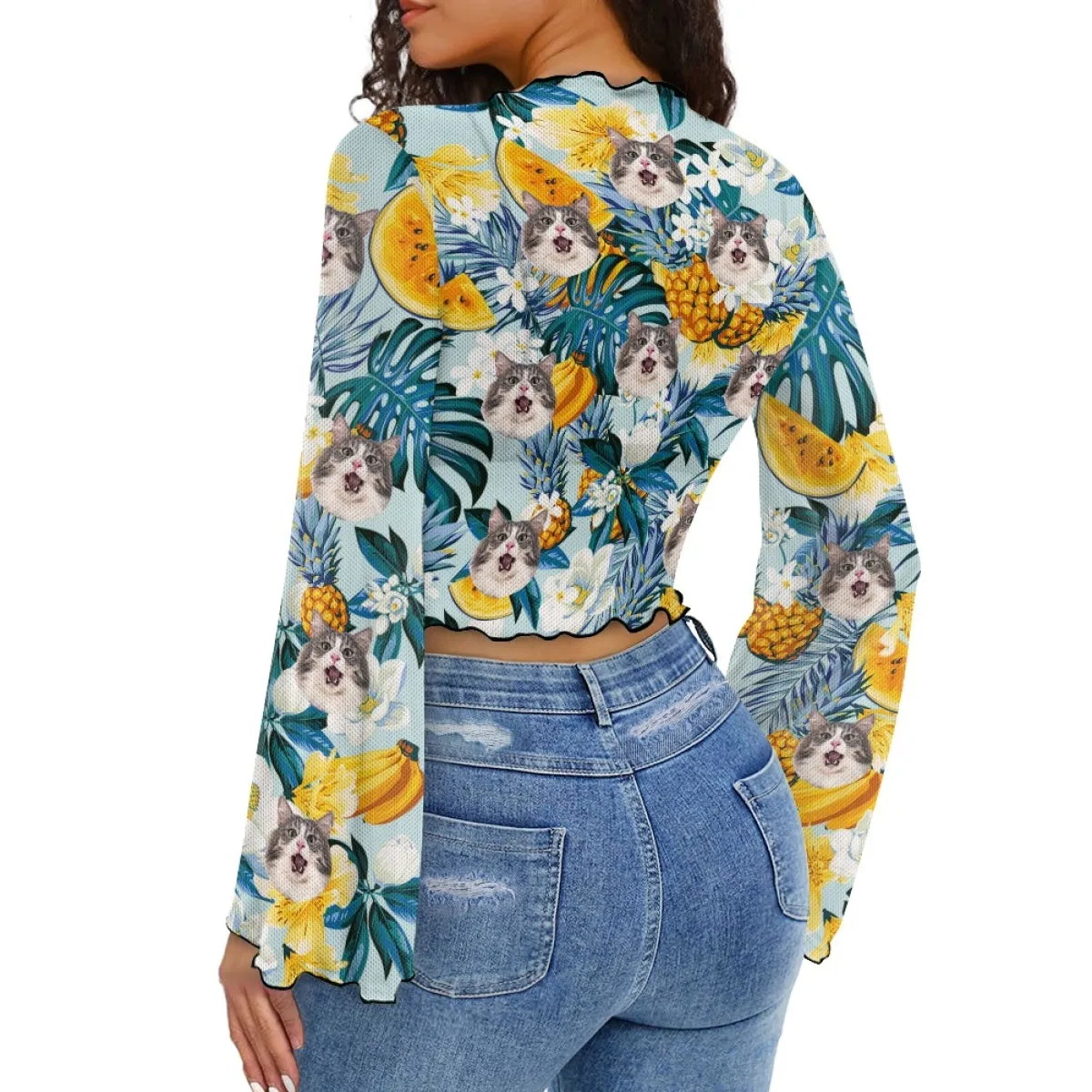 Custom Face Pineapple & Flowers Women's Bell Sleeve Top - Green