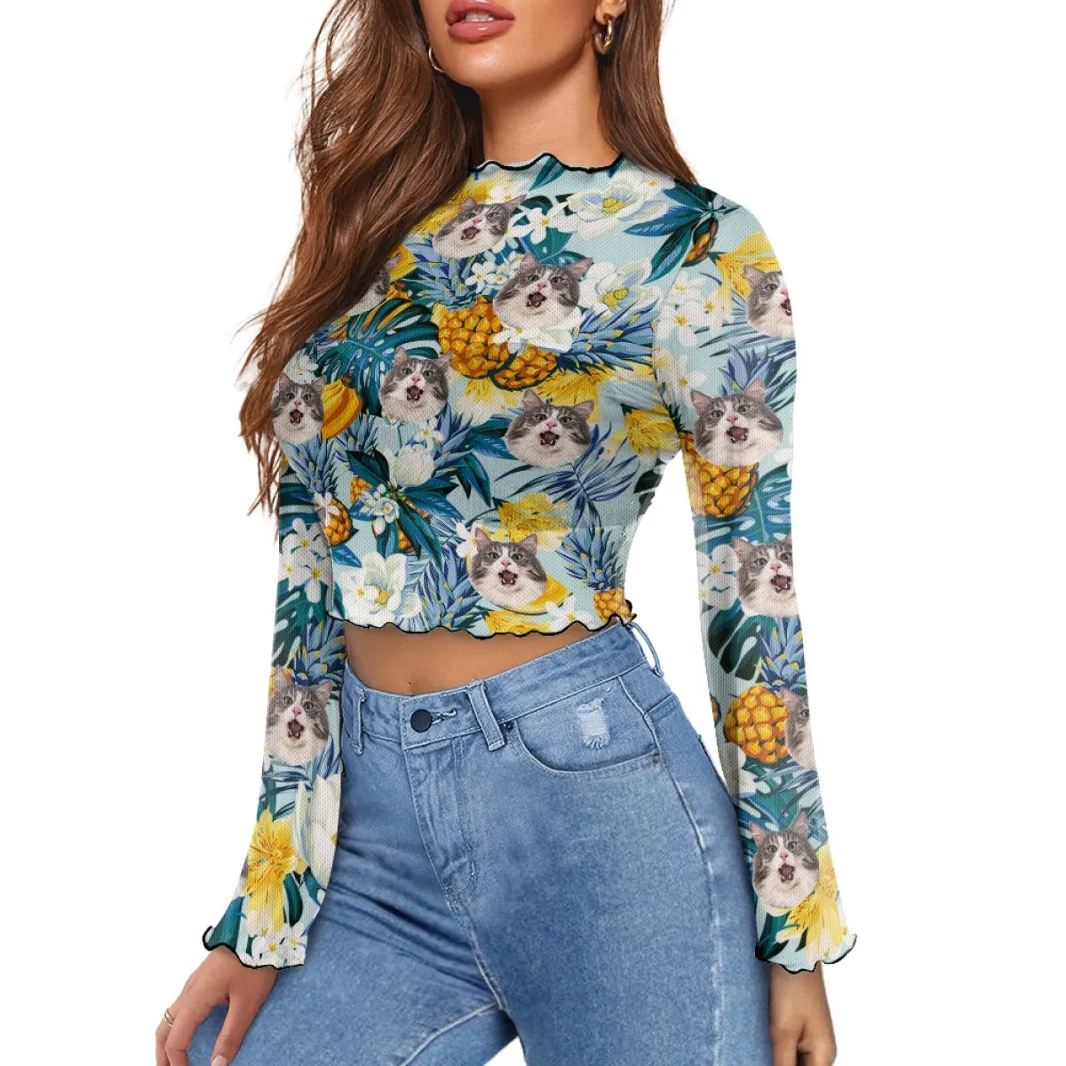 Custom Face Pineapple & Flowers Women's Bell Sleeve Top - Green