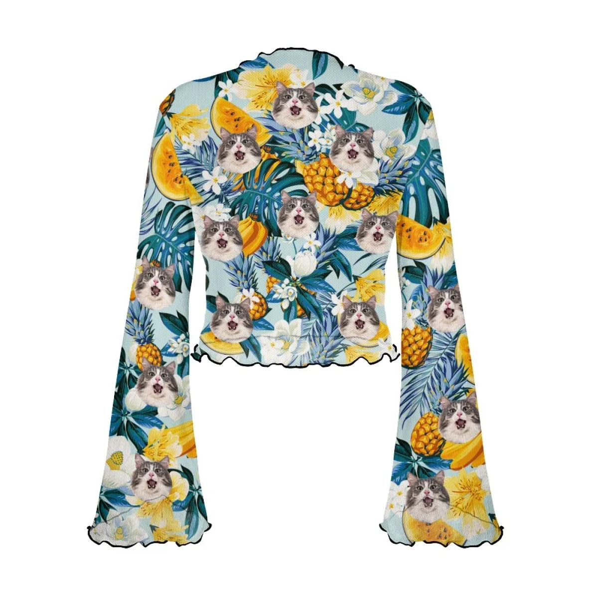 Custom Face Pineapple & Flowers Women's Bell Sleeve Top - Green