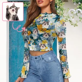 Custom Face Pineapple & Flowers Women's Bell Sleeve Top - Green