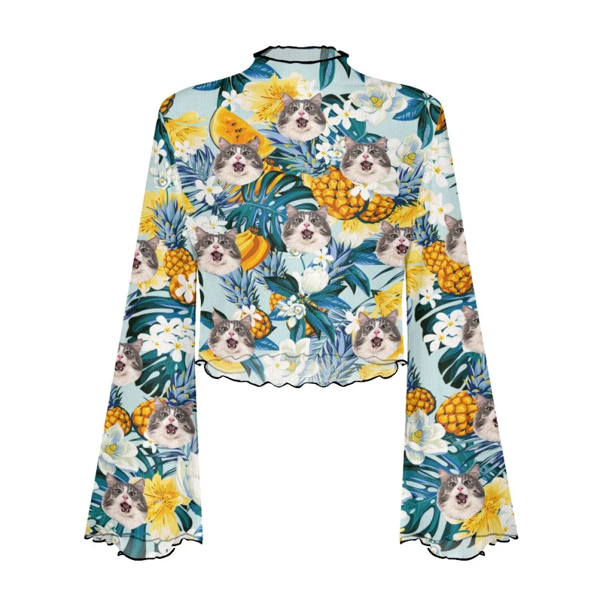 Custom Face Pineapple & Flowers Women's Bell Sleeve Top - Green