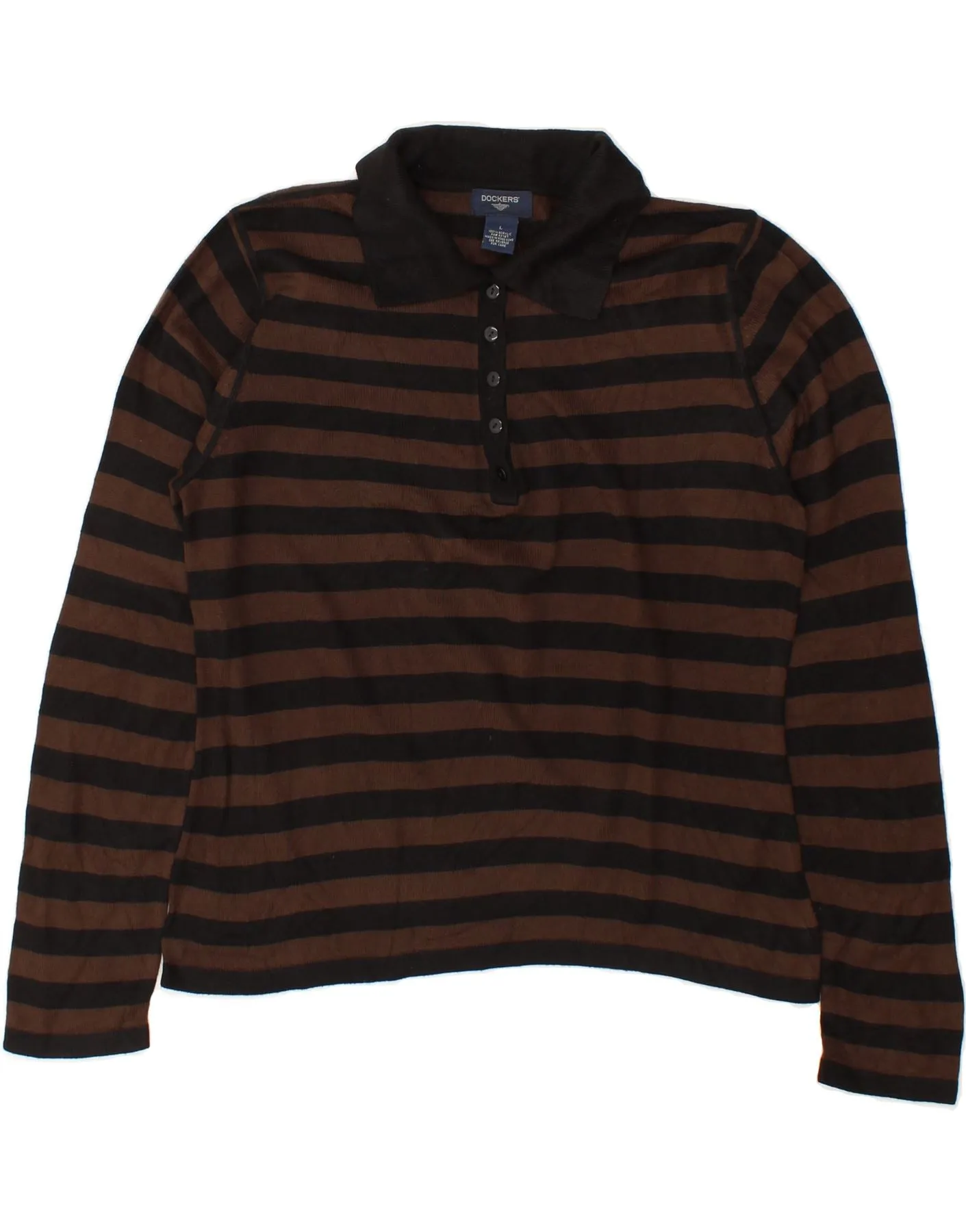 DOCKERS Womens Polo Neck Jumper Sweater UK 16 Large Brown Striped Acrylic