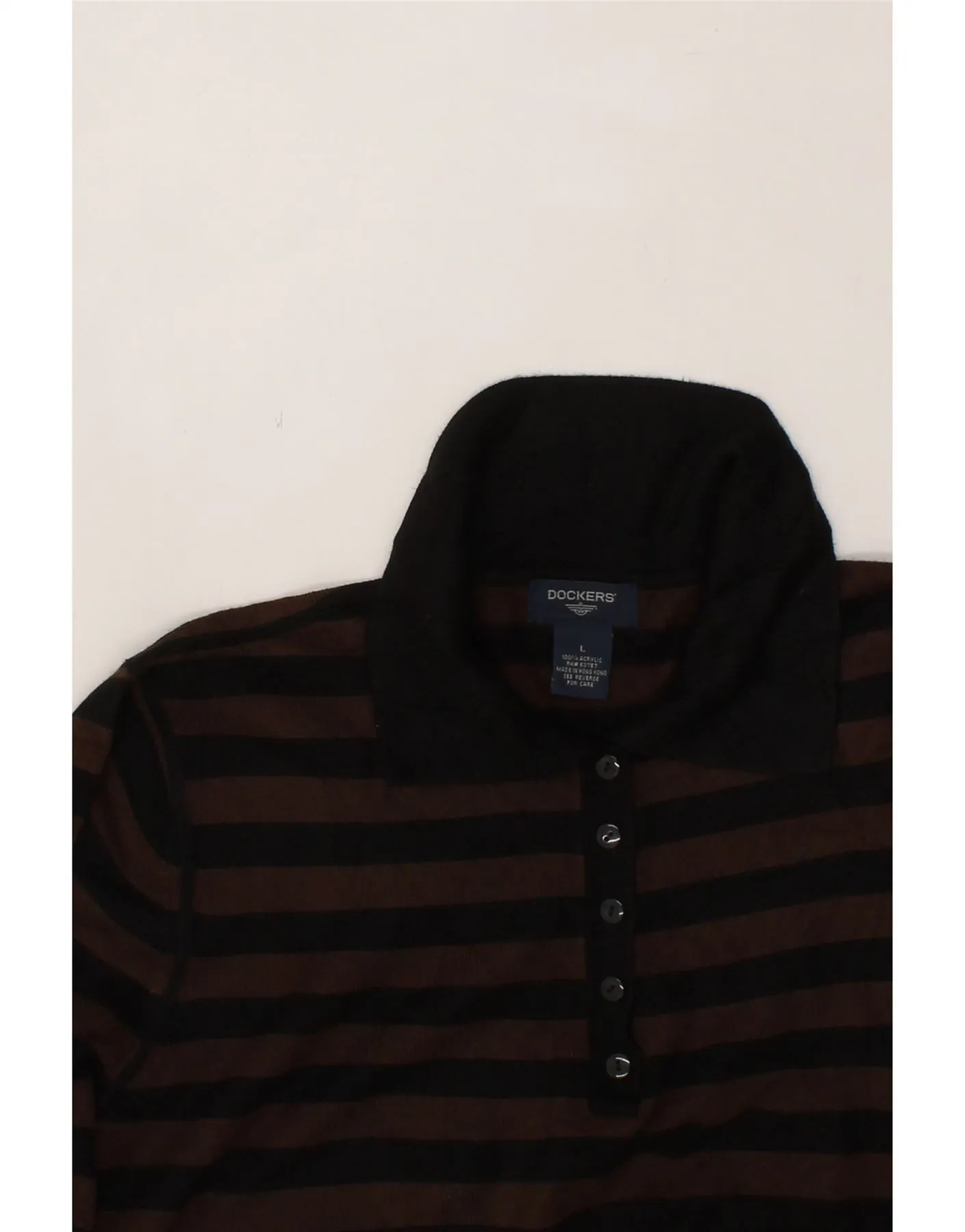 DOCKERS Womens Polo Neck Jumper Sweater UK 16 Large Brown Striped Acrylic