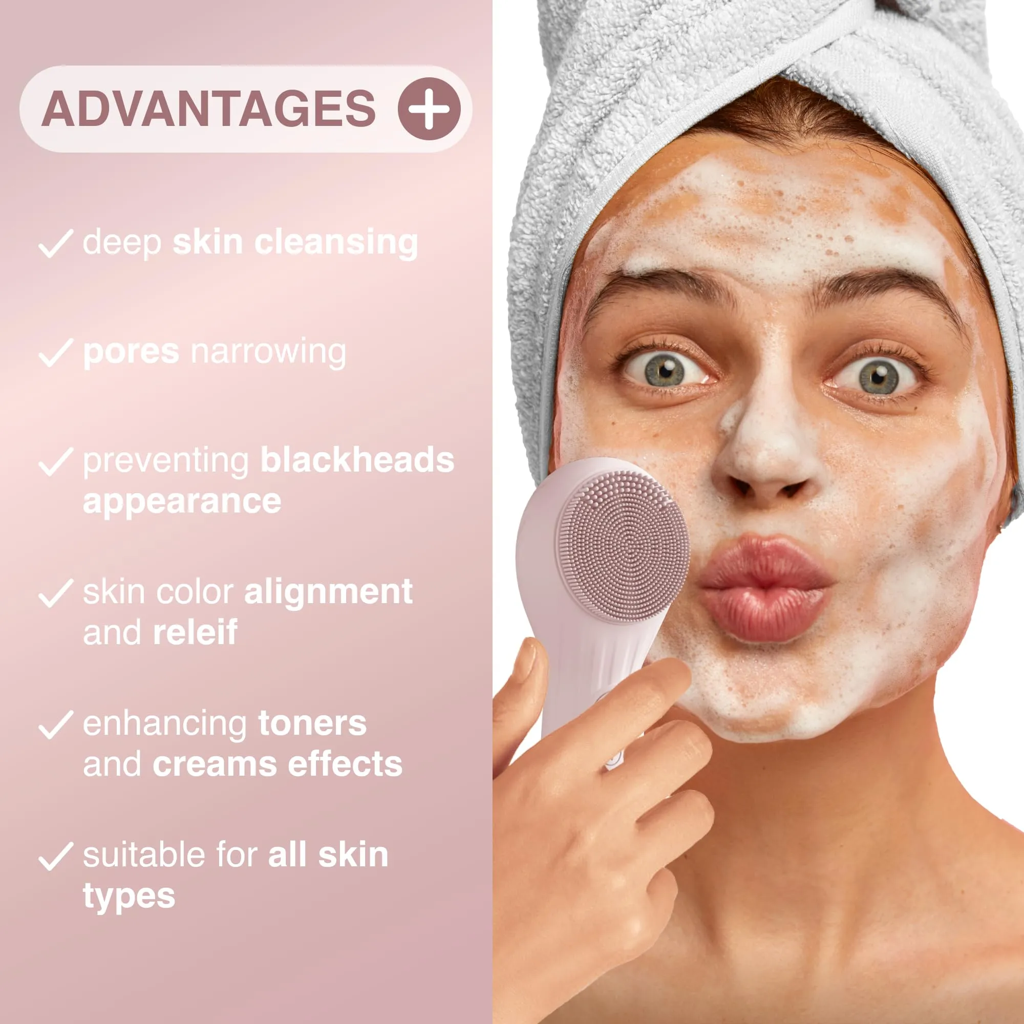 Facial Cleansing Brush, Electric Silicon Face Scrub Brush, IPX7 Waterproof 6 Intensities Deep Clean Heating Massage Removing Blackhead Gentle Exfoliation, Inductive Charging