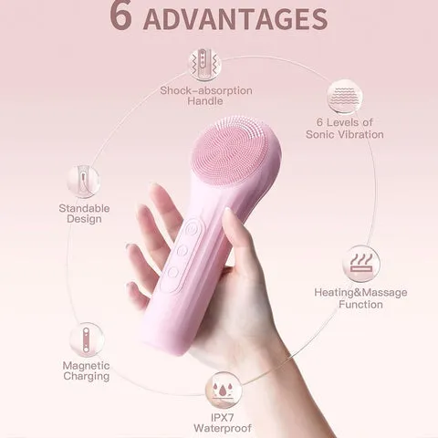 Facial Cleansing Brush, Electric Silicon Face Scrub Brush, IPX7 Waterproof 6 Intensities Deep Clean Heating Massage Removing Blackhead Gentle Exfoliation, Inductive Charging