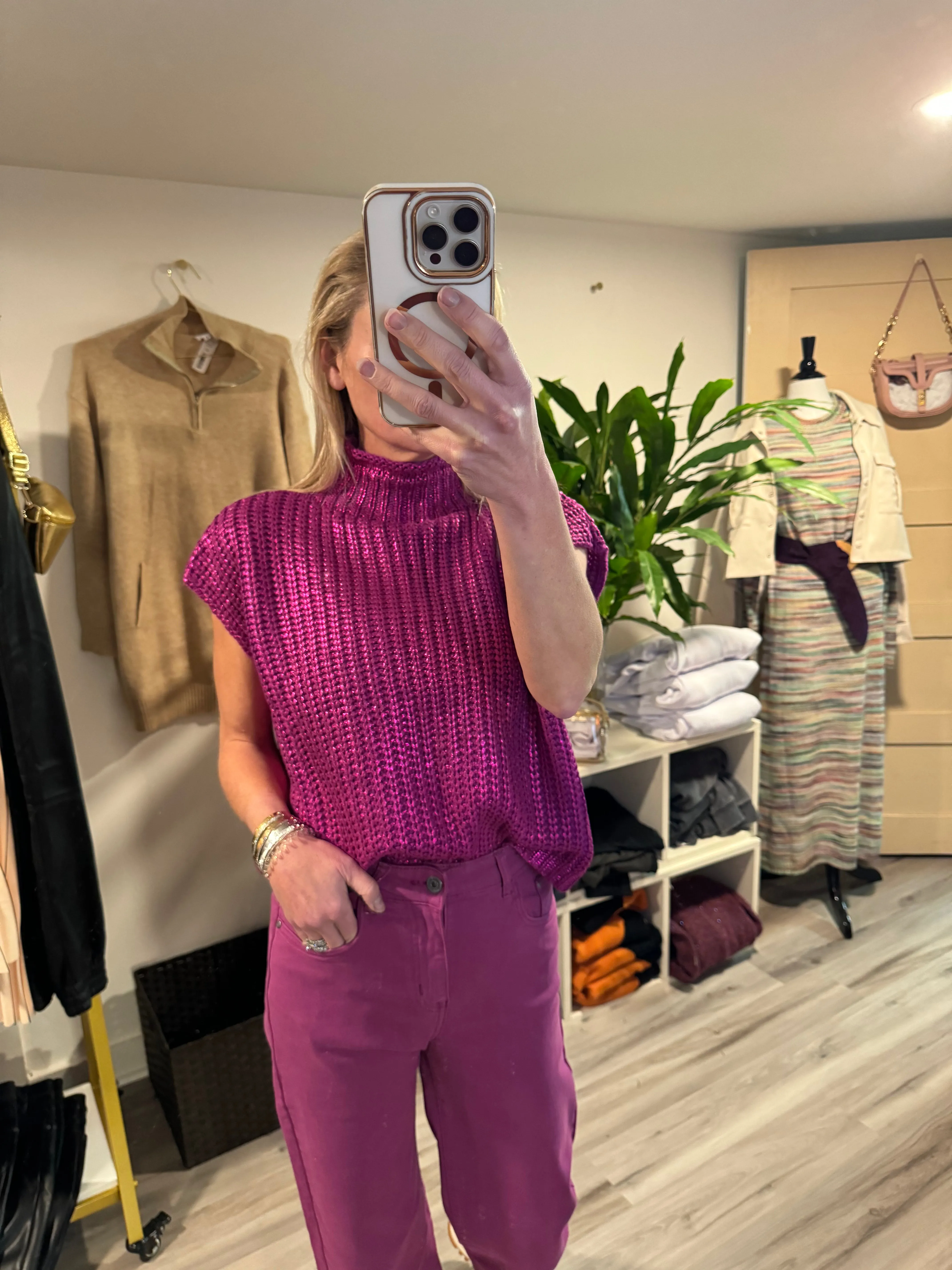 Metallic Foil Mock Neck Sweater