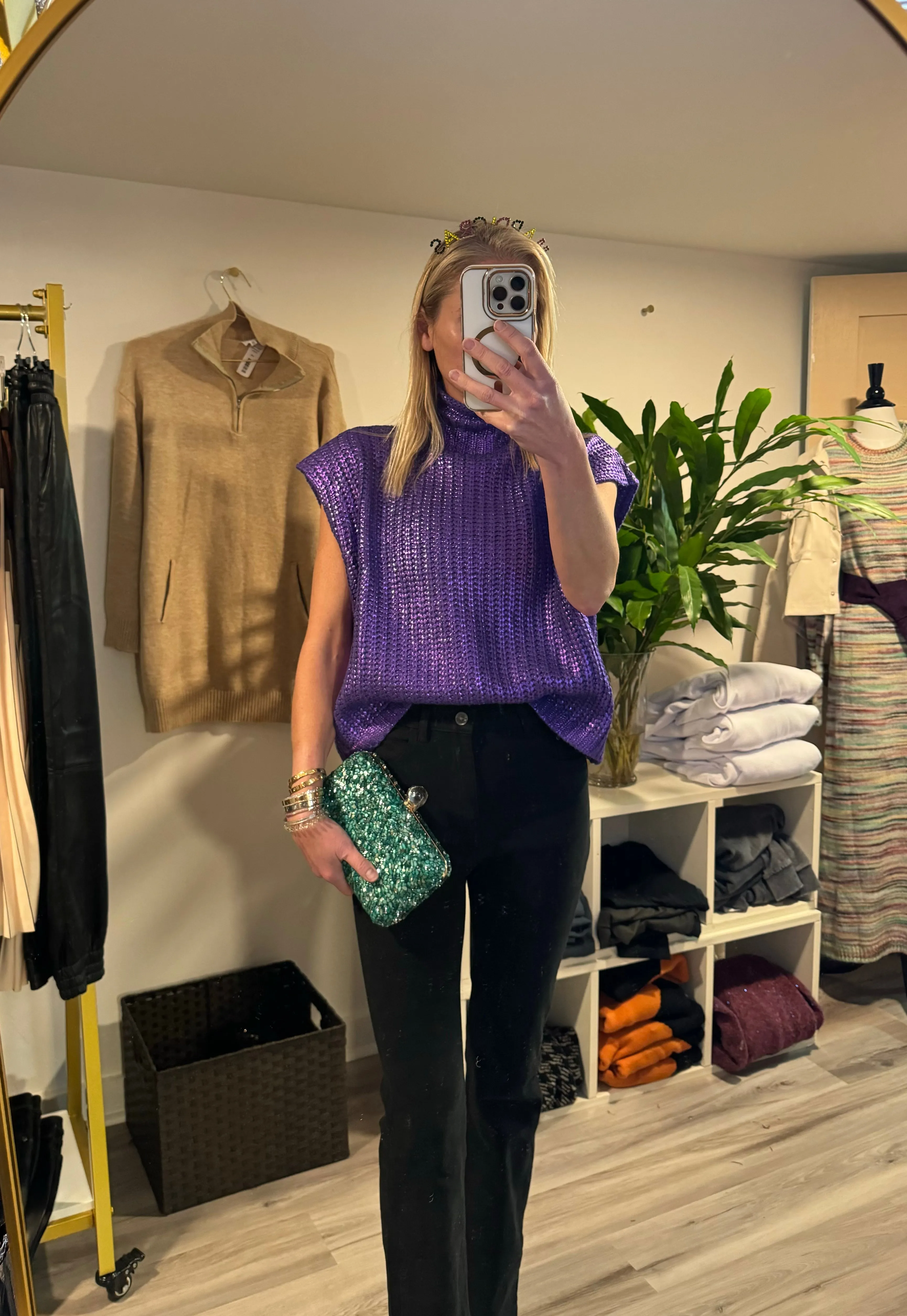Metallic Foil Mock Neck Sweater