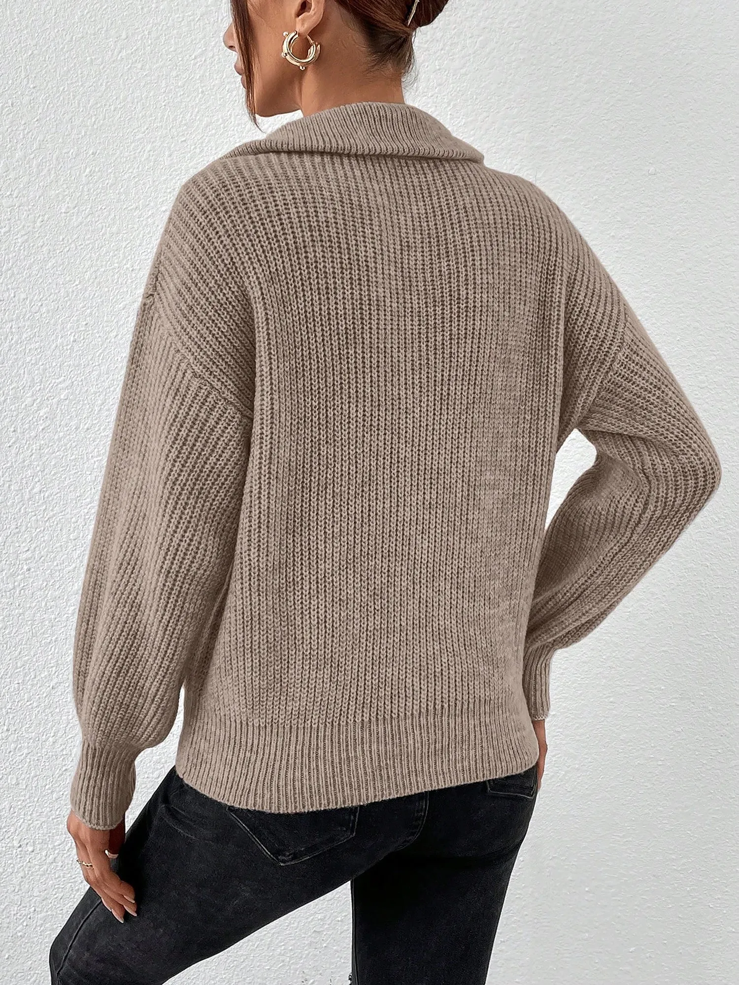 Polo Collar Zipper Long Sleeve Solid Color Casual Sweater