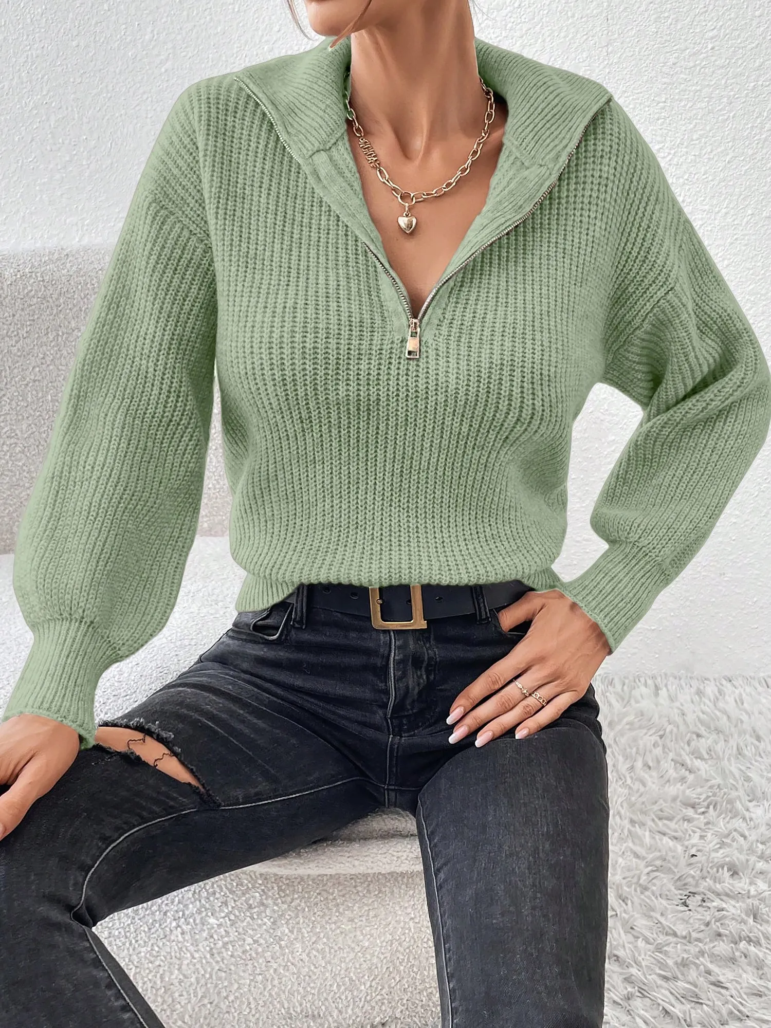 Polo Collar Zipper Long Sleeve Solid Color Casual Sweater