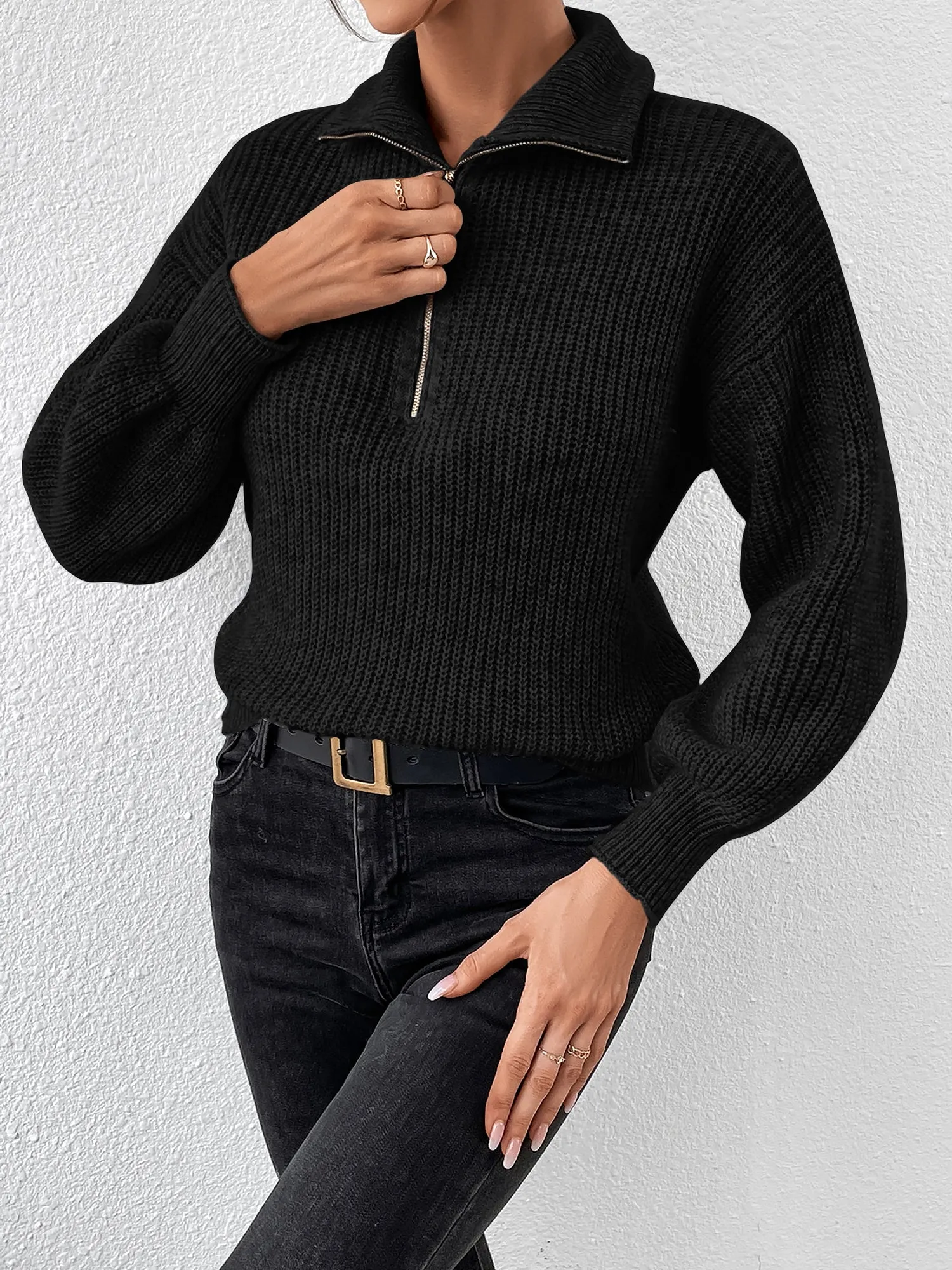 Polo Collar Zipper Long Sleeve Solid Color Casual Sweater