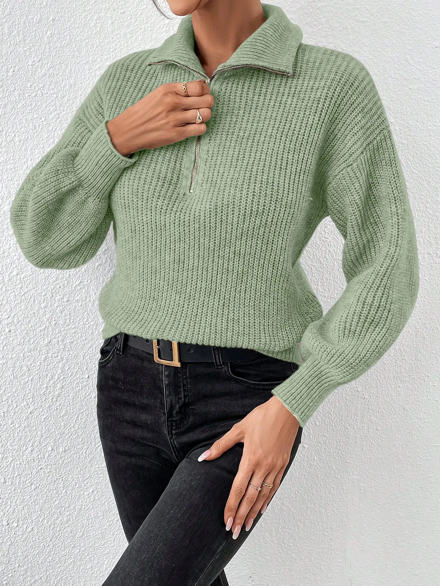 Polo Collar Zipper Long Sleeve Solid Color Casual Sweater