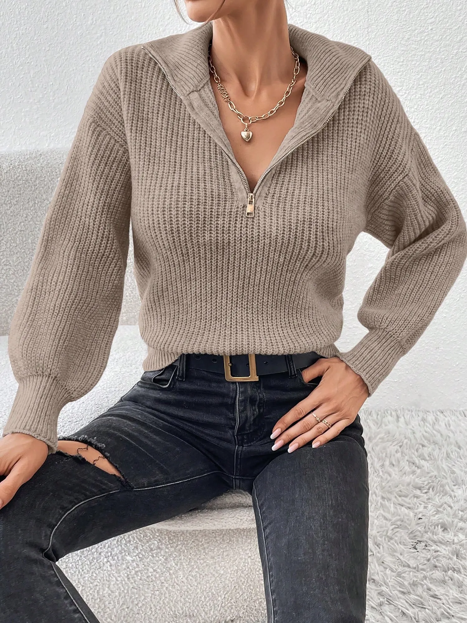 Polo Collar Zipper Long Sleeve Solid Color Casual Sweater