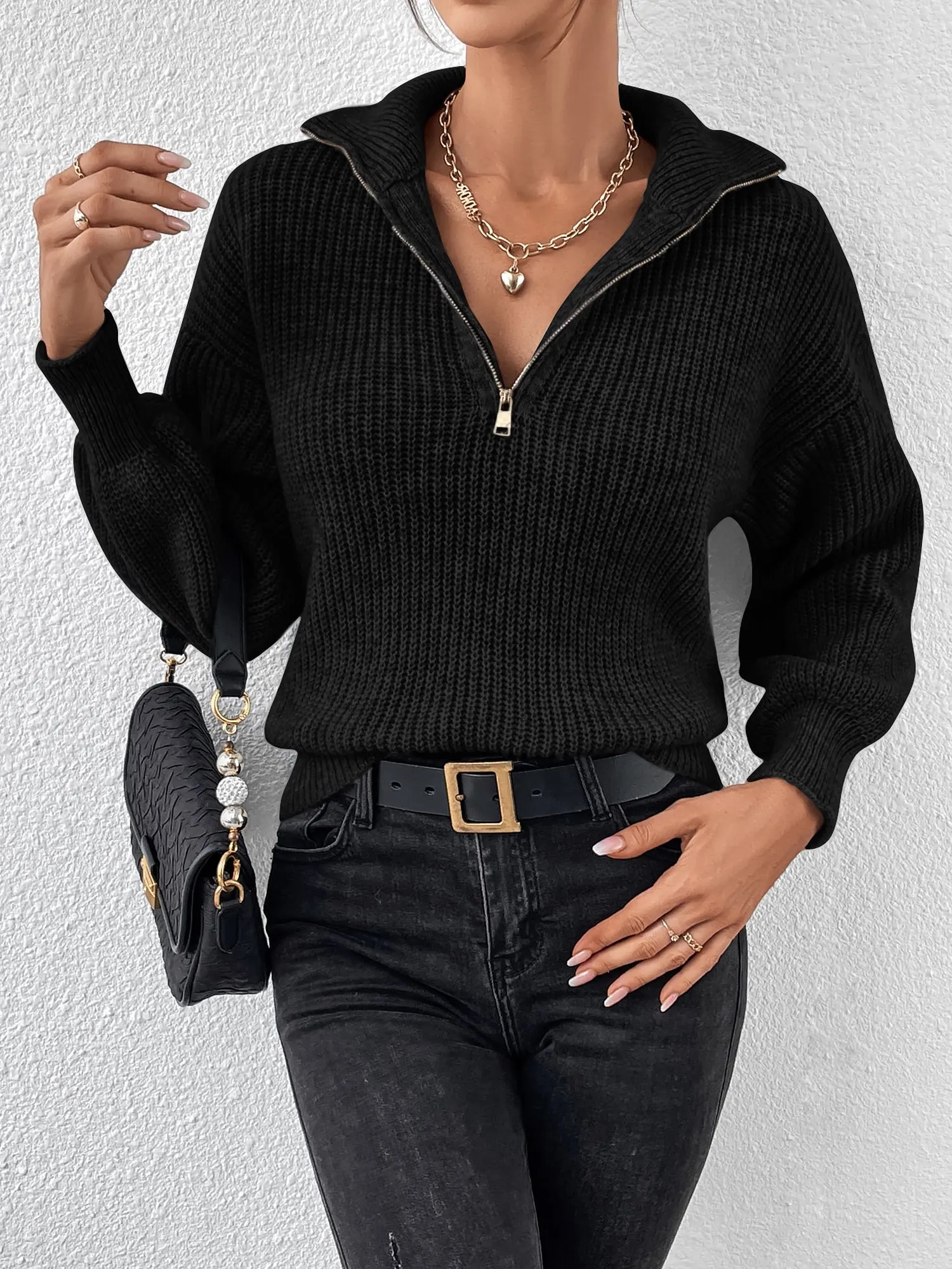 Polo Collar Zipper Long Sleeve Solid Color Casual Sweater