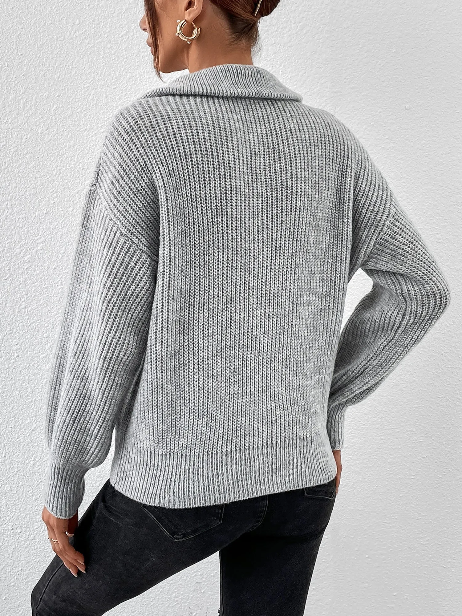 Polo Collar Zipper Long Sleeve Solid Color Casual Sweater