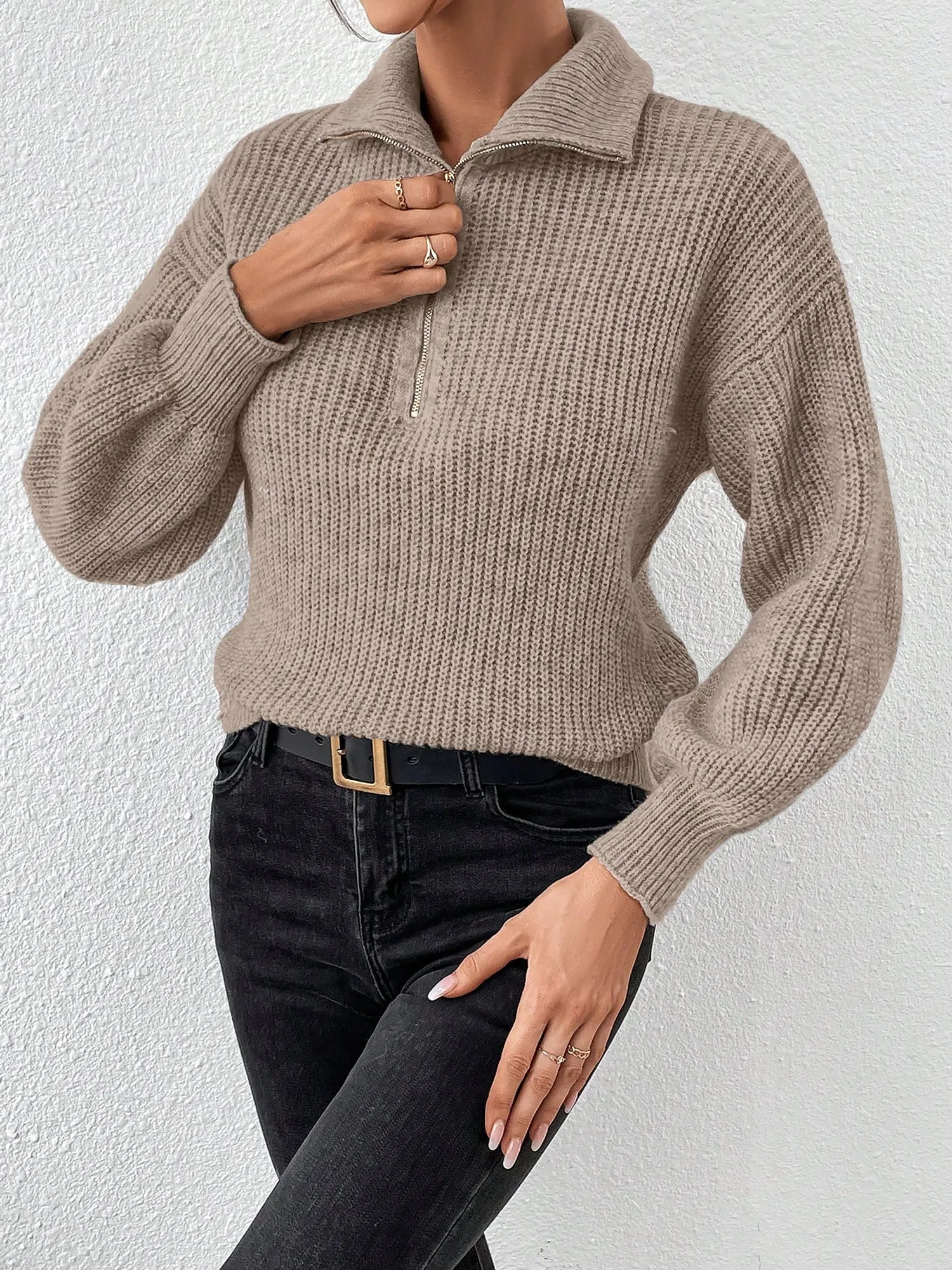 Polo Collar Zipper Long Sleeve Solid Color Casual Sweater