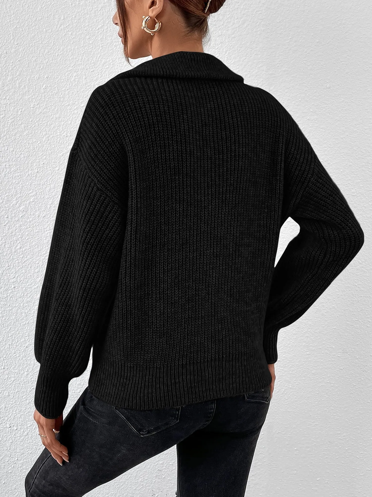 Polo Collar Zipper Long Sleeve Solid Color Casual Sweater