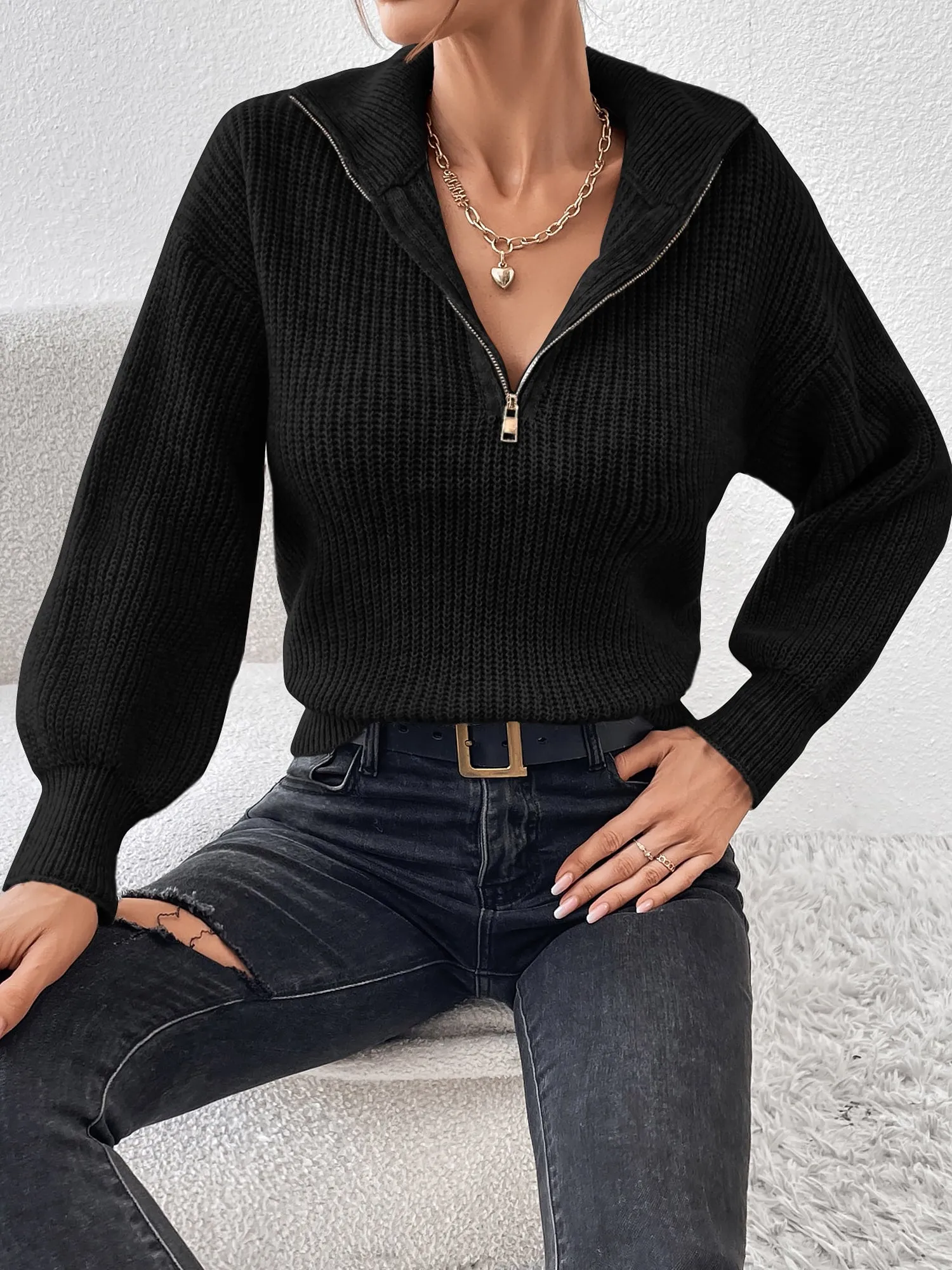 Polo Collar Zipper Long Sleeve Solid Color Casual Sweater