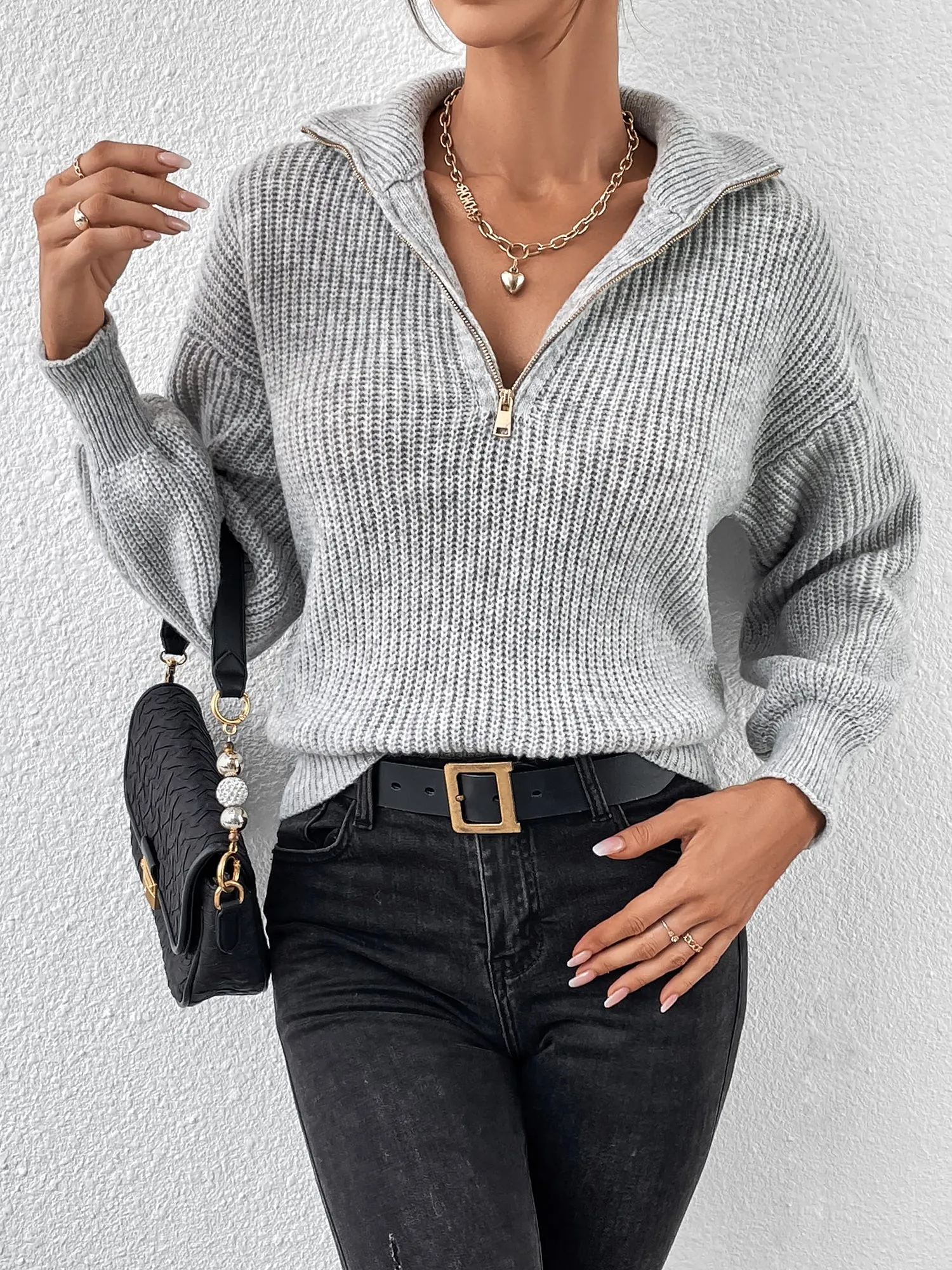 Polo Collar Zipper Long Sleeve Solid Color Casual Sweater
