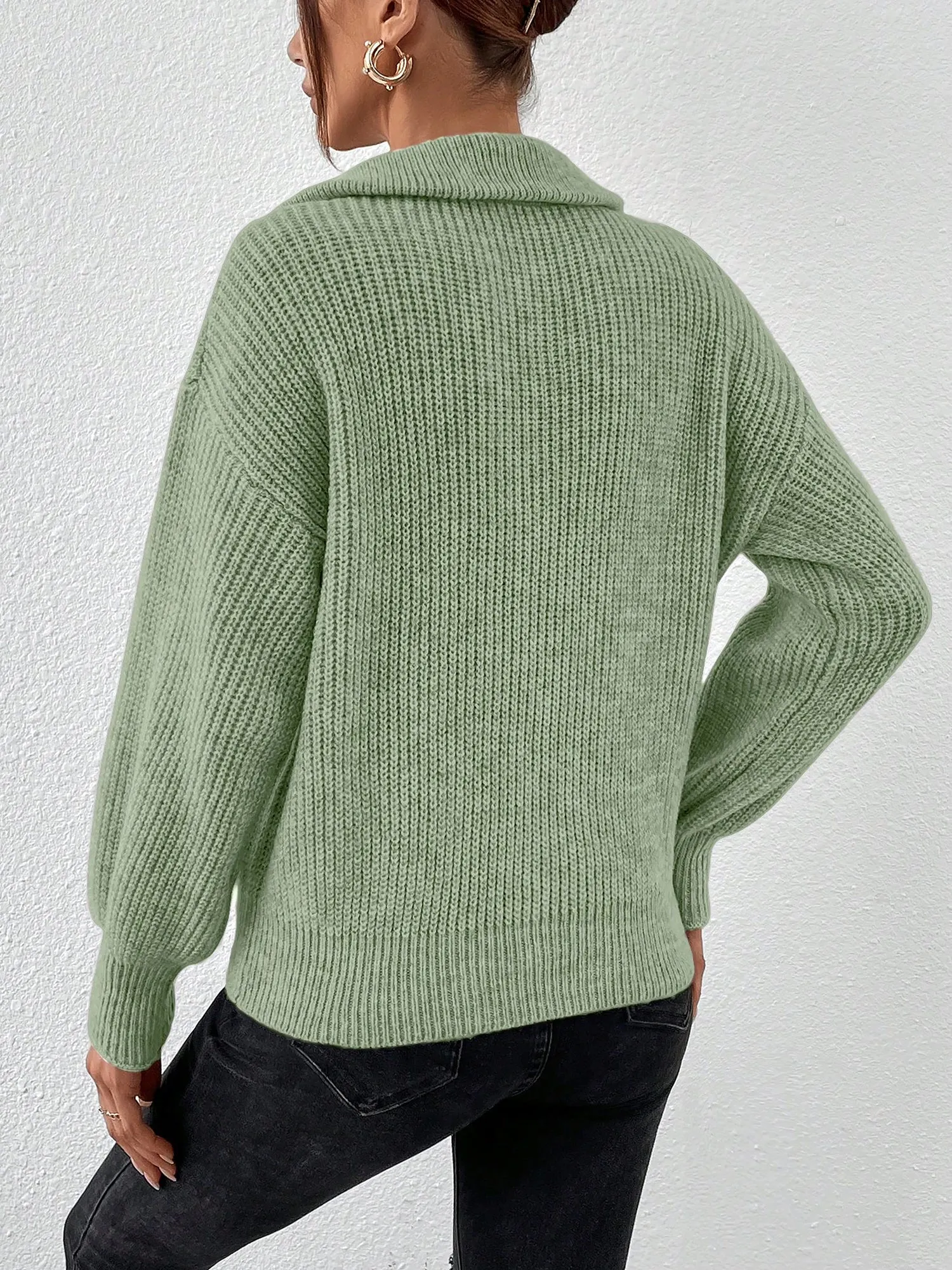 Polo Collar Zipper Long Sleeve Solid Color Casual Sweater