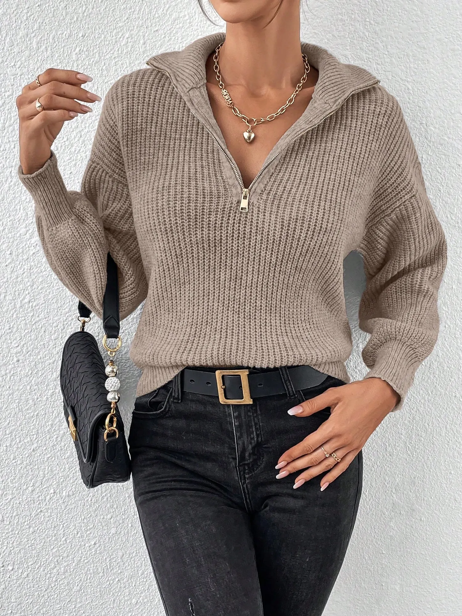 Polo Collar Zipper Long Sleeve Solid Color Casual Sweater