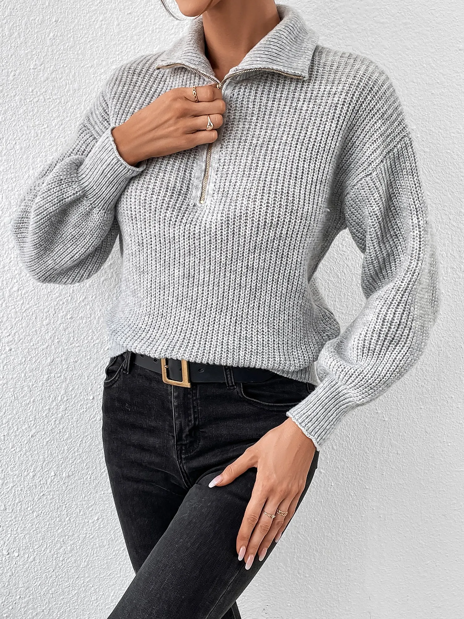 Polo Collar Zipper Long Sleeve Solid Color Casual Sweater