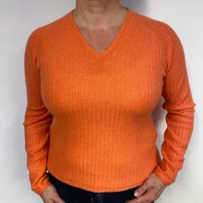 Sunset Orange Ribbed Cashmere V-Neck Jumper Large