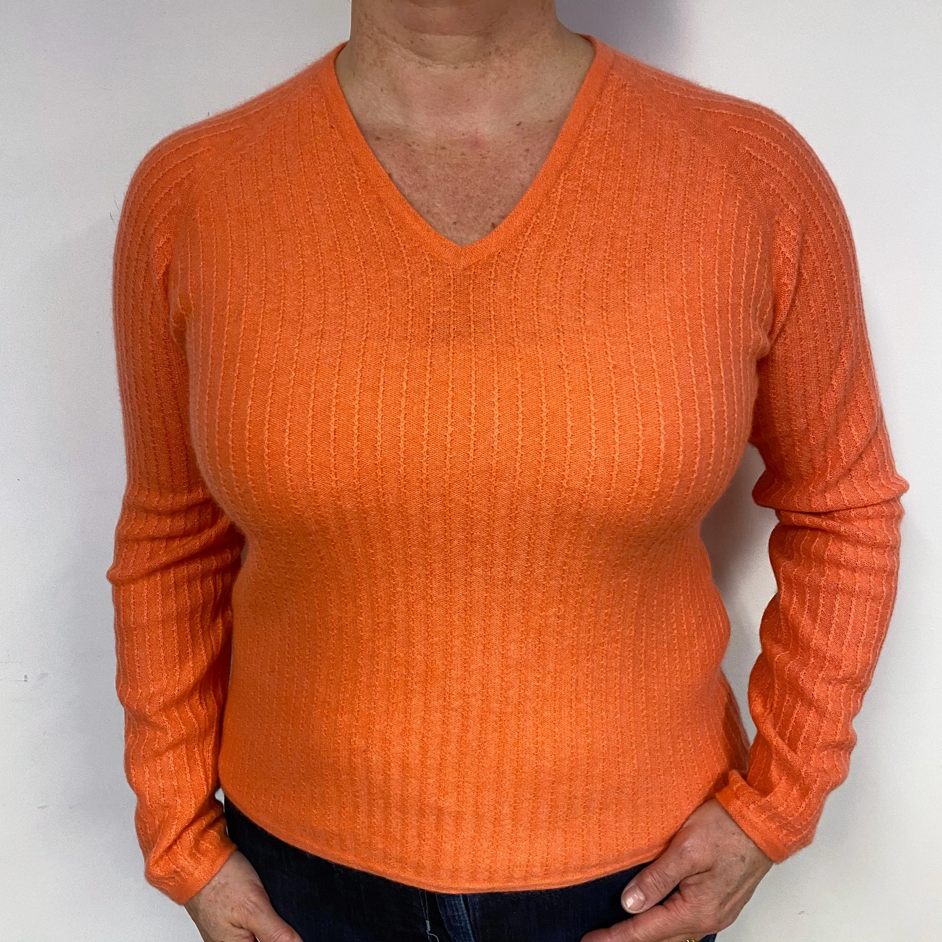Sunset Orange Ribbed Cashmere V-Neck Jumper Large