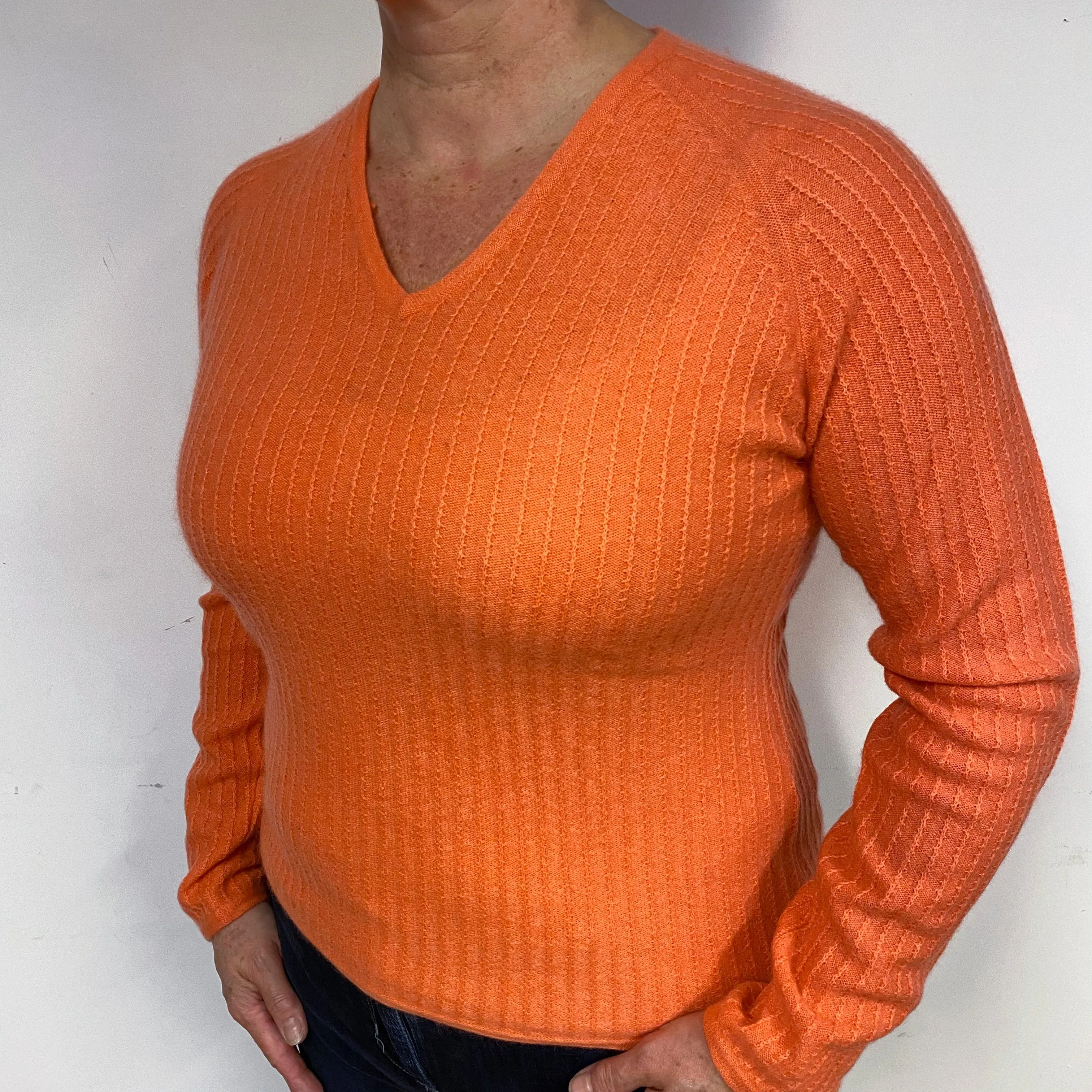 Sunset Orange Ribbed Cashmere V-Neck Jumper Large