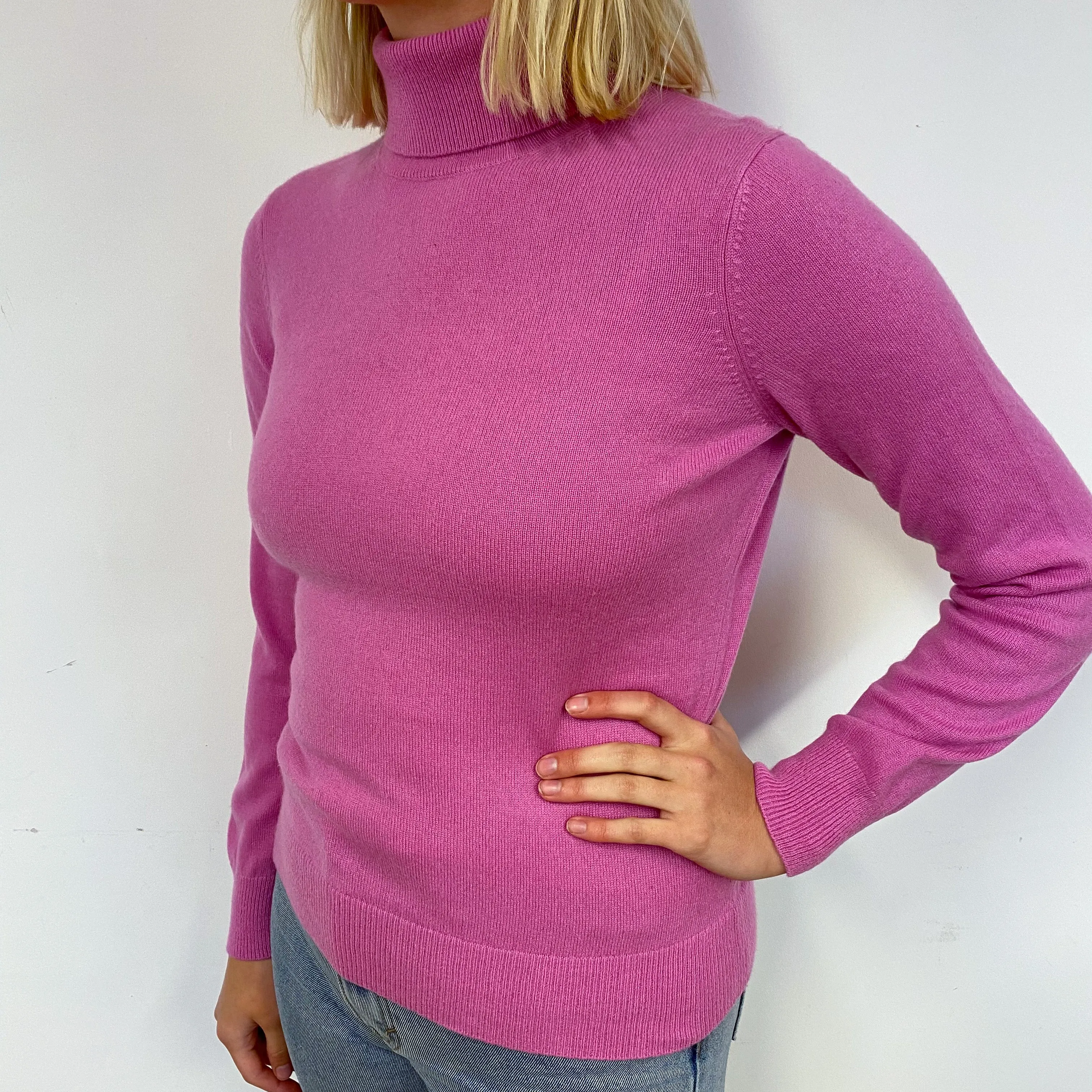 Sweet Pea Pink Cashmere Polo Neck Jumper Small